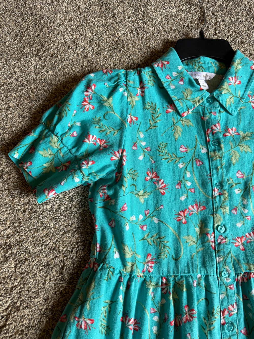 Turquoise Floral Collared Tiered Button Front Midi ShirtDress Pockets Linen Sz S - Picture 9 of 10